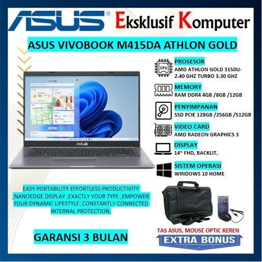 LAPTOP ASUS VIVOBOOK 14 M415DA AMD ATHLON GOLD 3150U 8GB 512GB 14" FHD