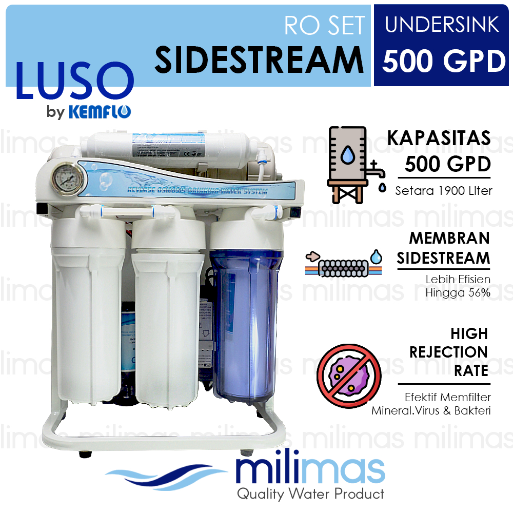 LUSO - Mesin Air Minum Reverse Osmosis (RO)Set Uk. 500 GPD KEMFLO Sidestream