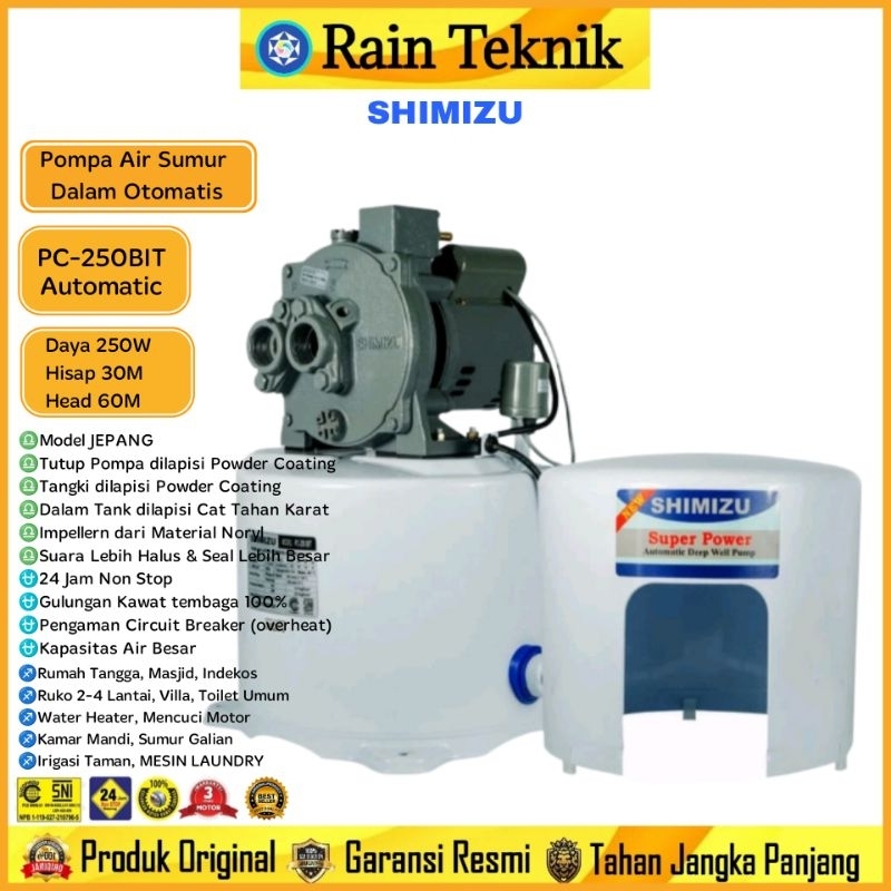 Pompa Air Shimizu PC-250BIT Otomatis With Pressure Tank Sumur Dalam Hisap 30 Meter 250 Watt / Pompa 