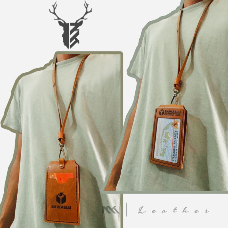 ID CARD HOLDER KULIT ASLI HANDMADE - Free Custom nama, Logo, Gambar dll / Lanyard Id Card / Kalung I