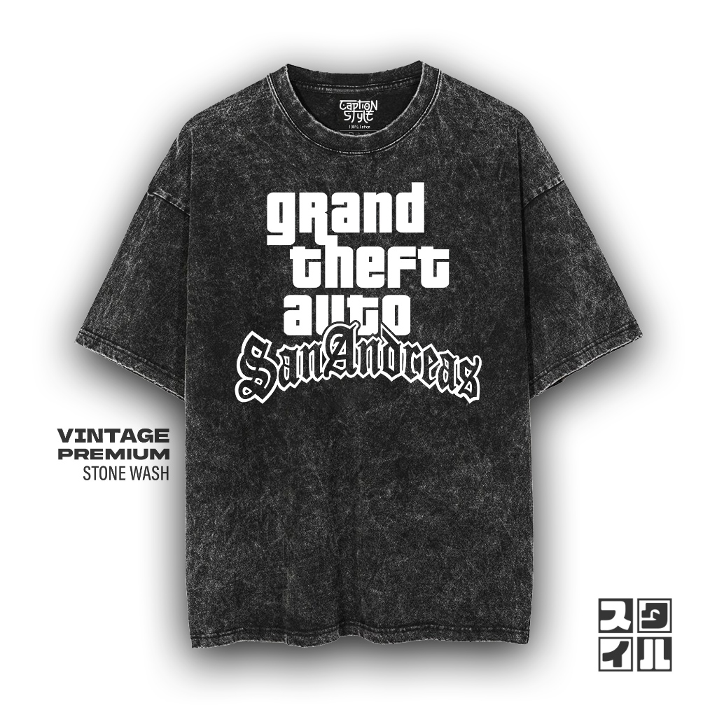 Caption'Style Baju Games GTA SAN ANDREAS Kaos Stonewash | Kaos Oversize Wanita | Kaos Pria | Kaos Ke