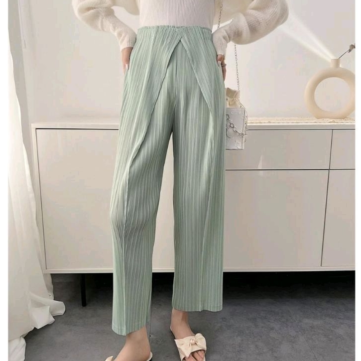 6441 Celana panjang LETHA PLEATS LAYERED PLISKET kuning hitam polos Korea Korean style wanita premiu