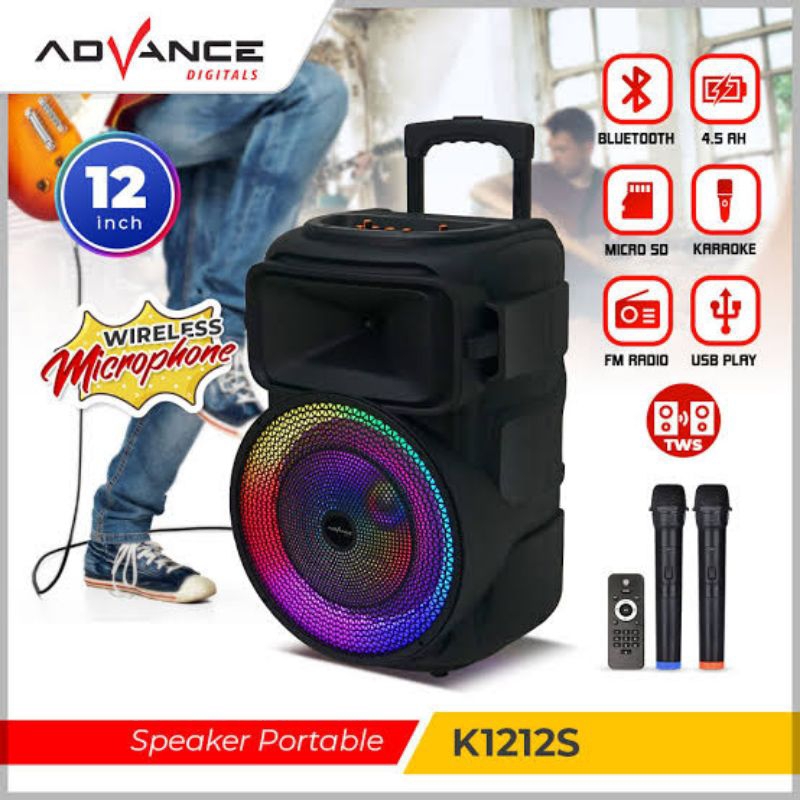 Speaker Bluetooth Portabel ADVANCE 12" K1212S Free 2 Mic Wireless + Support Guitar