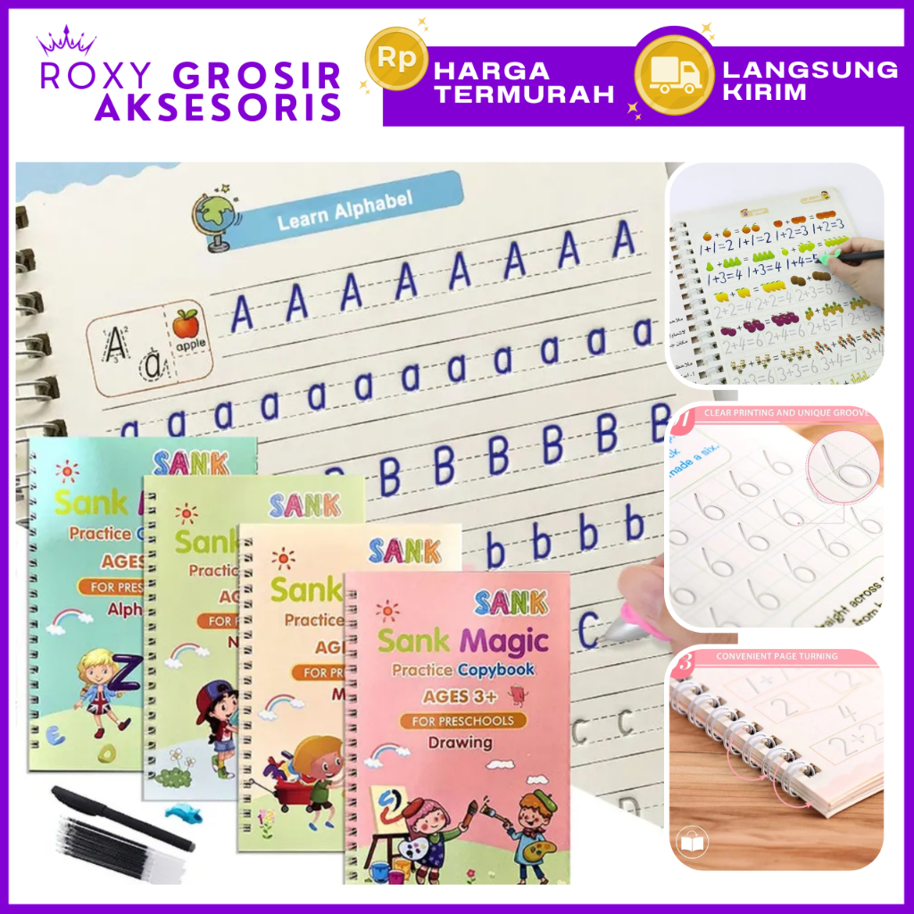 

Buku Anak Belajar Tulis Alphabet Angka 4in1 / Sank Magic Book Buku Belajar Bisa dipakai Berkali kali Free Pen bisa hapus