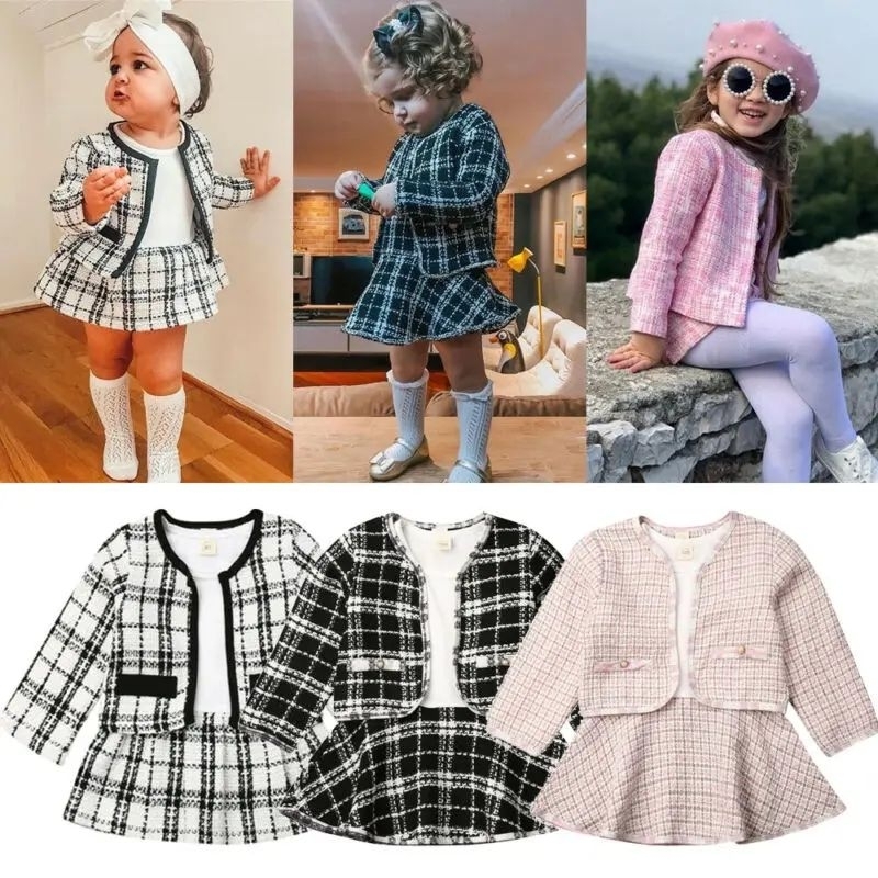 SET 2IN1 BAJU ANAK PEREMPUAN INNER DRESS DAN OUTER BLAZER CARDI CARDIGAN ROMPI MOTIF KOTAK KOTAK Z*A