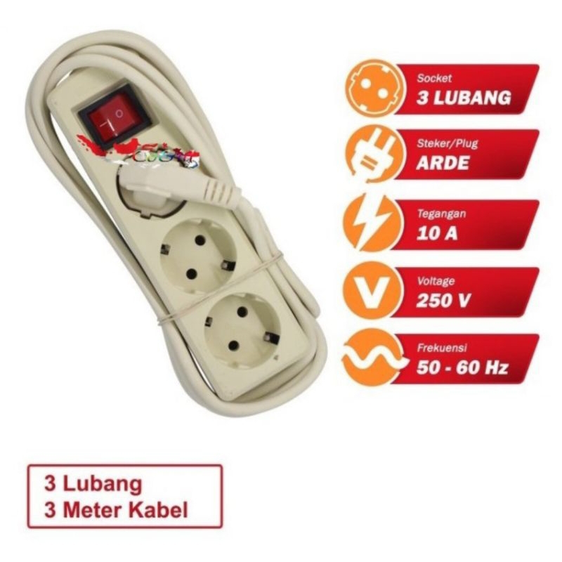 STOP KONTAK 3 LUBANG PANJANG + KABEL LISTRIK 3  METER / COLOKAN LISTRIK