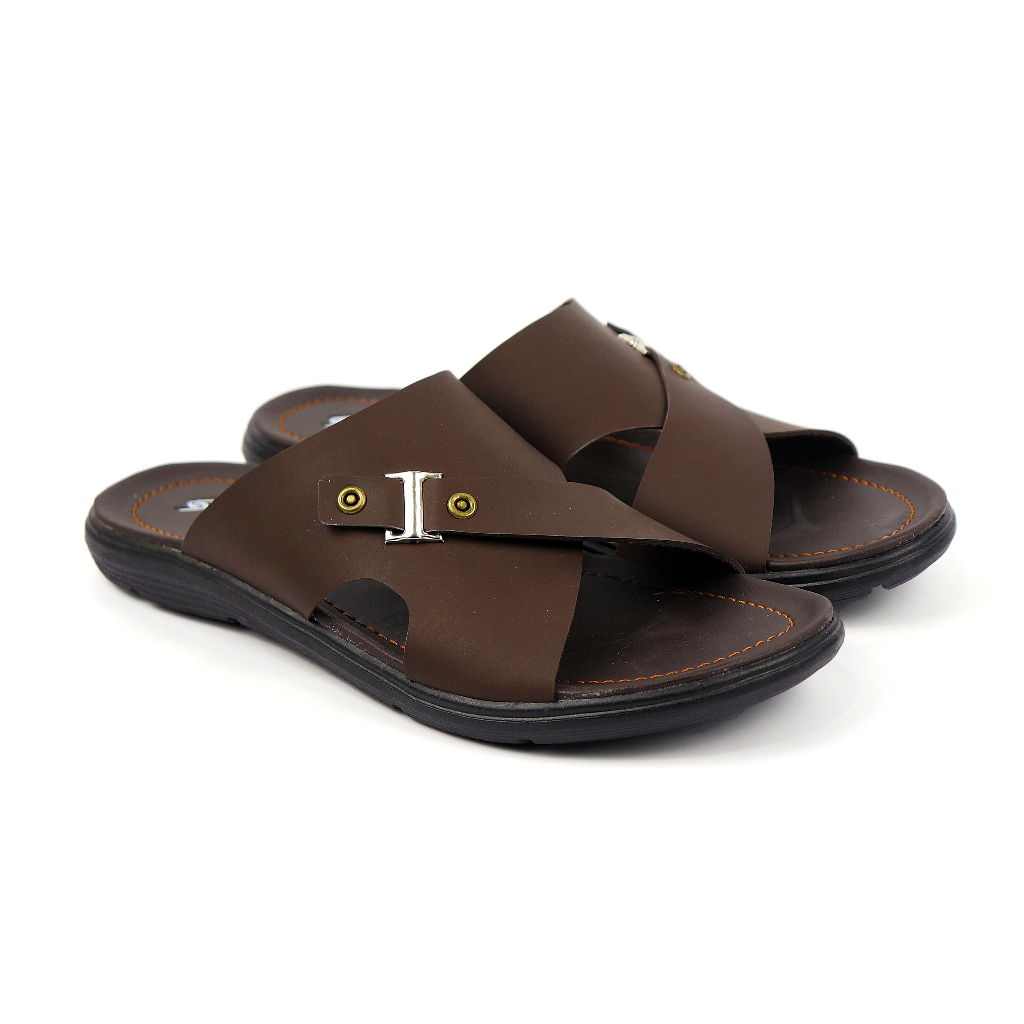 Silom Sandal Kulit Pria Casual Slop Original Sendal Slide Cowok Navel