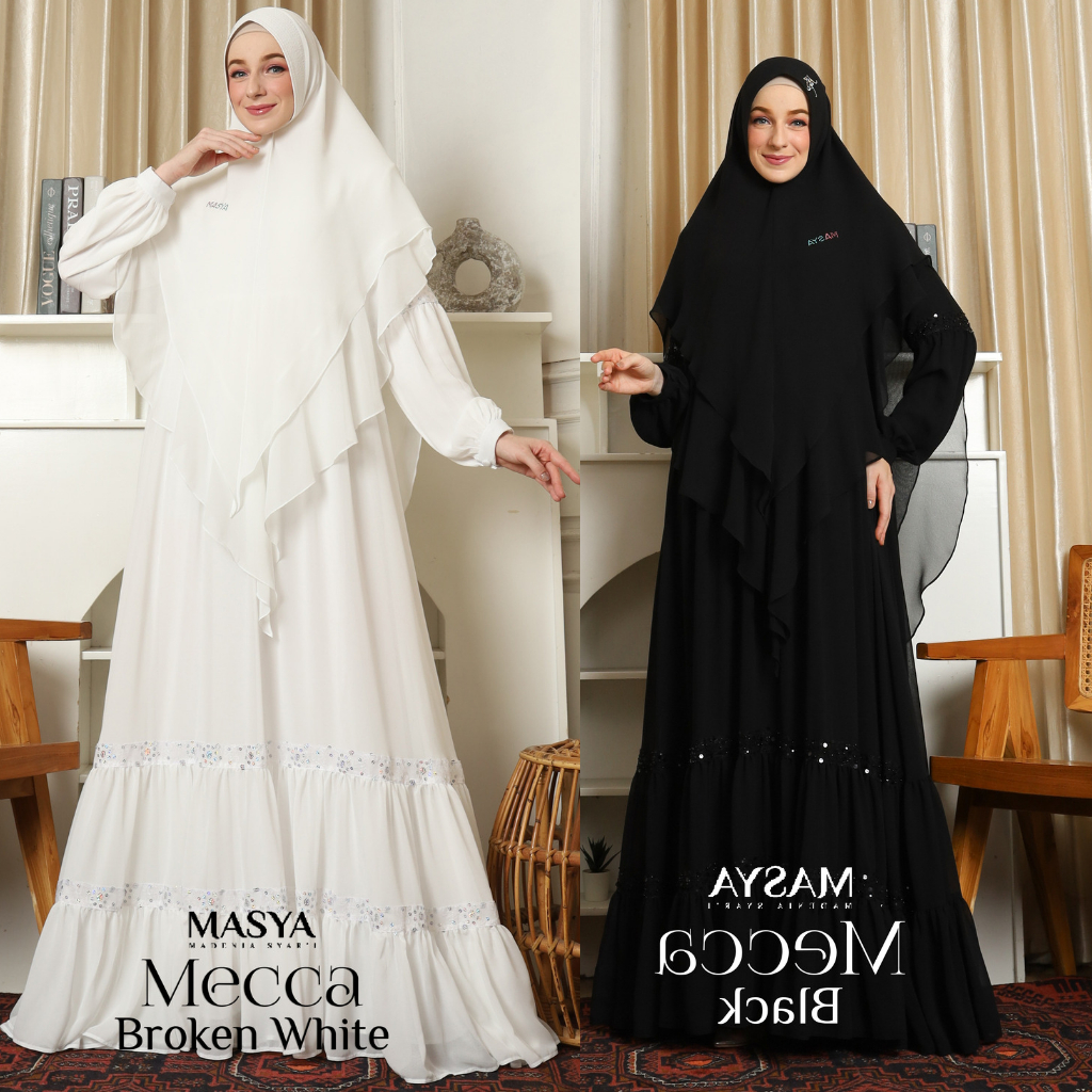 Set Gamis Dress Ceruty Babydoll Premium Syari Branded Broken White - Black - Putih - Hitam Mewah Mas