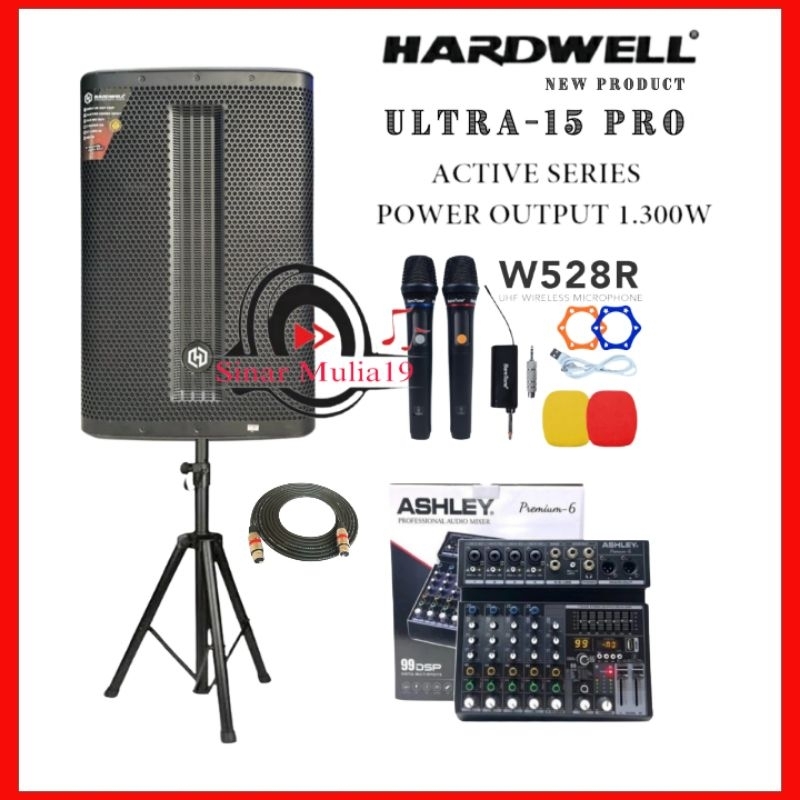Paket Karaoke Speaker Aktif 15 Inch 1.200 Watt Hardwell Ultra 15 Pro Mixer Ashley Premium 6 Mic Wire