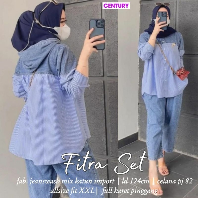 Fitra One Set Setelan Celana Blouse Jeans Mix Katun Salur Motif Garis Ld 124 Jumbo Fit XXXL By Centu