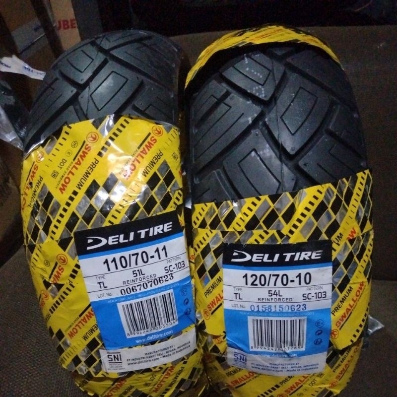 PAKET 120/70-10 + 110/70-11 SWALLOW Deli Tire SC-103 TUBELESS SEPASANG Ban Set Luar Motor Depan Bela