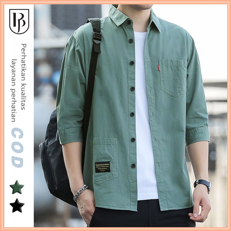 Kemeja pria lengan pendek kasual pria korean style kemeja cowok fashion kemeja hijau atasan pria ove