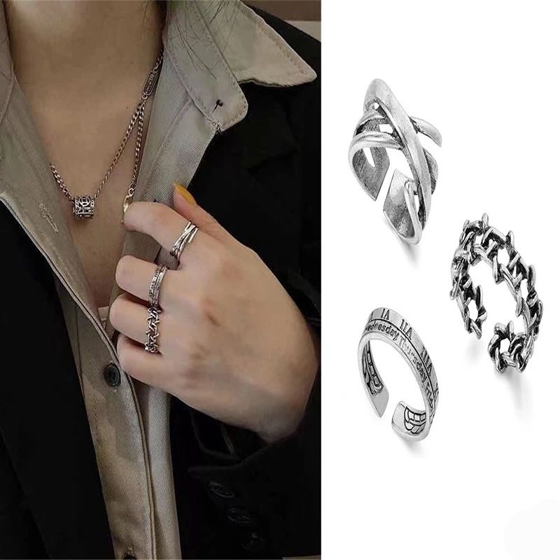Cincin Set Pria Wanita Cincin Set 3 Pcs model terbuka desain Bintang Romawi silver gaya Hip-Hop#Cinc