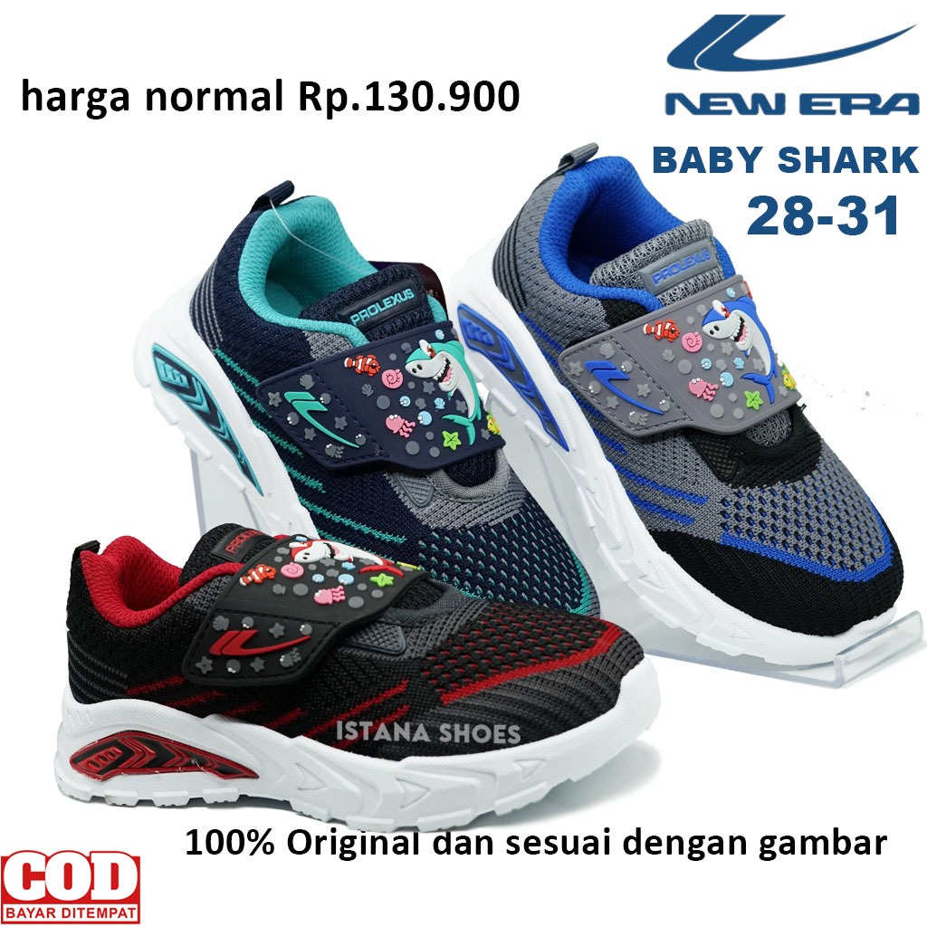 Sepatu Sekolah Anak Laki Laki Cowok NEW ERA BABY SHARK PAUD TK SD Sneakers Usia 4 5 6 Tahun Perekat