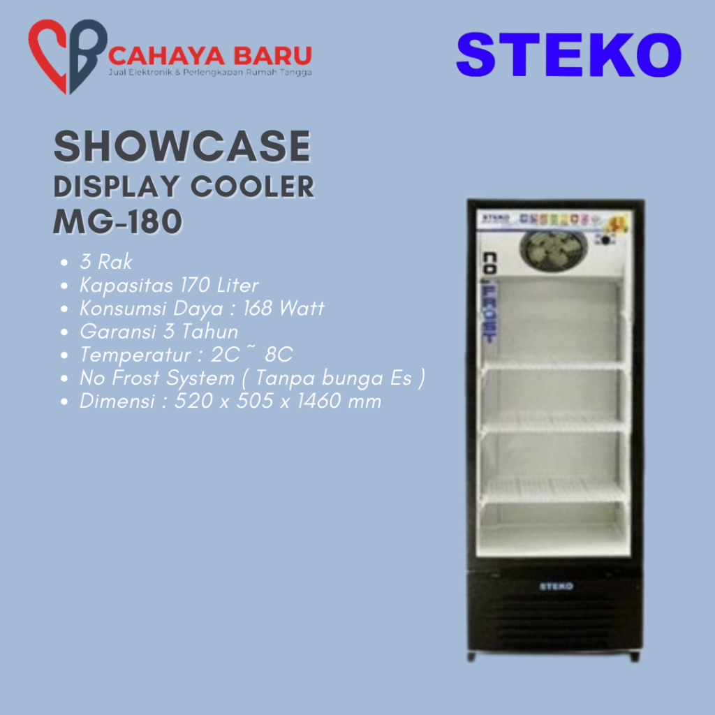 Steko MG-180 Showcase Chiller 180L 3 Rak No Frost - Lemari Pendingin Minuman