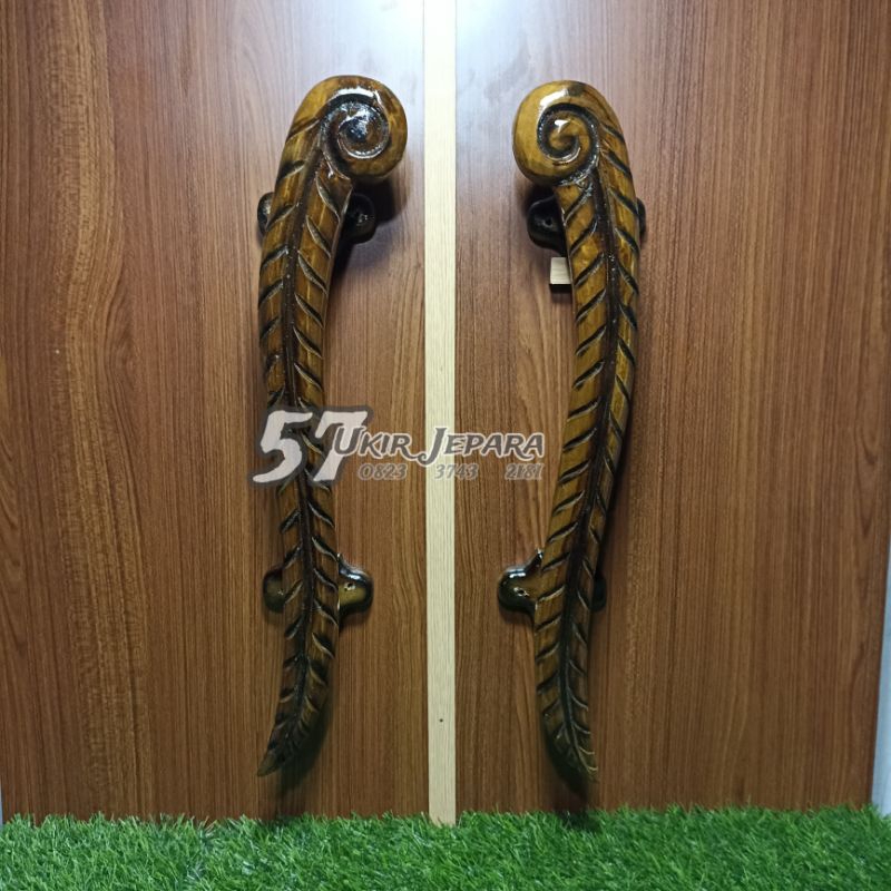 ( Daun) Handel Handle pintu rumah set bahan kayu jati - Tarikan pjntu ukir asli jepara motif daun