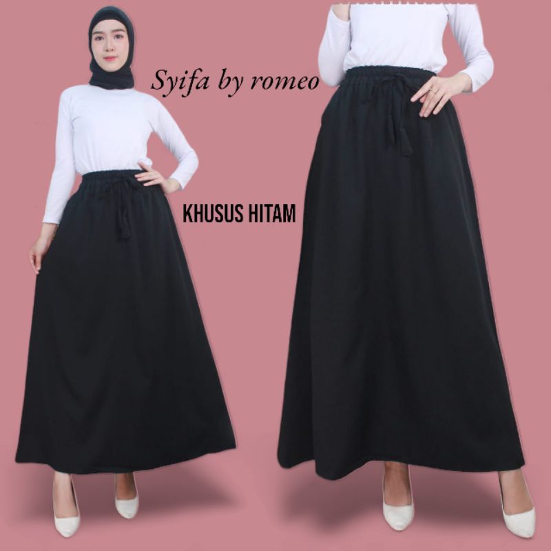 Rok Maxi Hitam Full Karet Pinggang / Rok A Line Casual Dan Formal