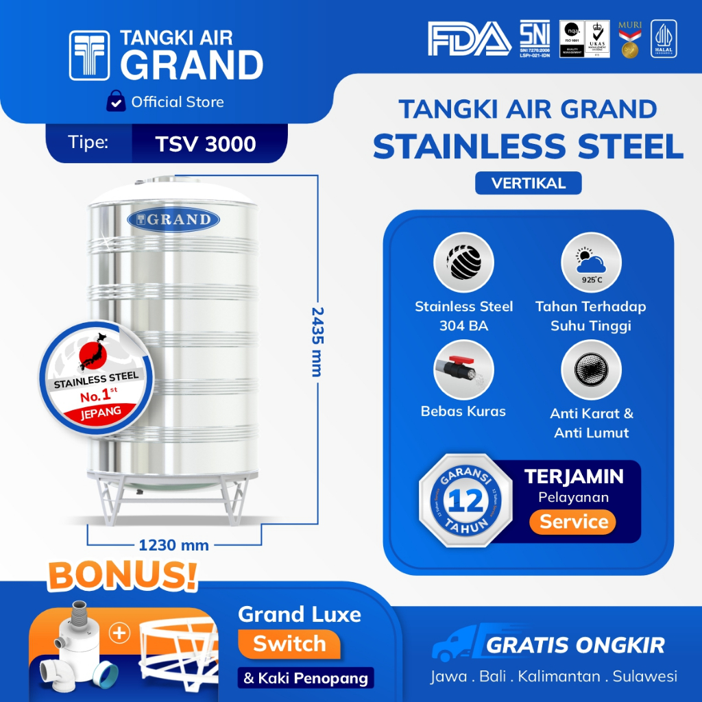 Toren Tandon Air Tangki Stainless Grand TSV 3000 Anti Lumut Halal Garansi 12 Tahun