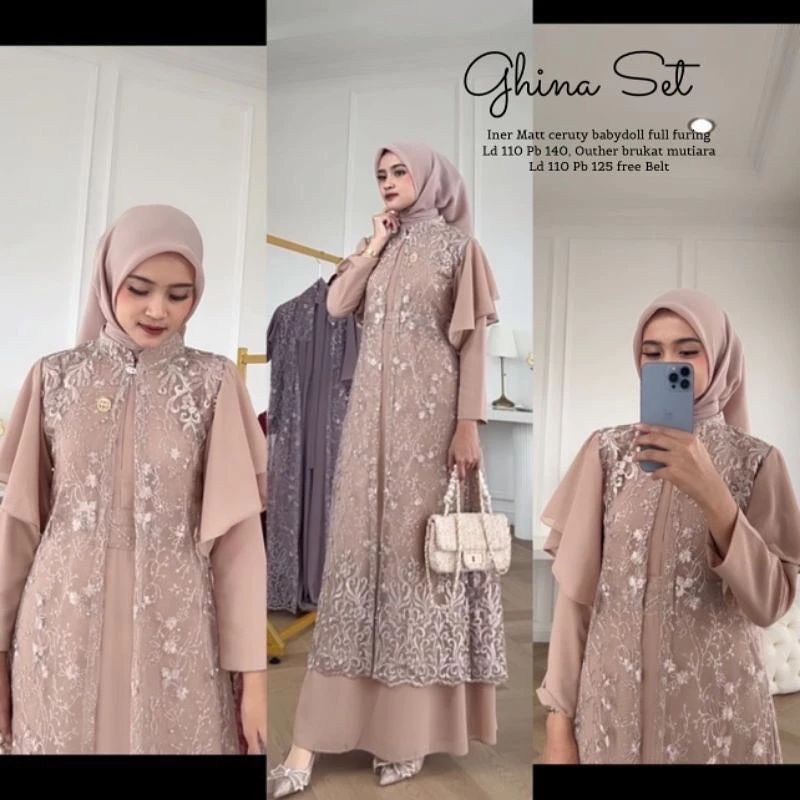 GAMIS OUTER BROKAT JUMBO BY GHINA SET BAJU GAMIS MODEL PESTA ATAU KONDANGAN WARNA MILO