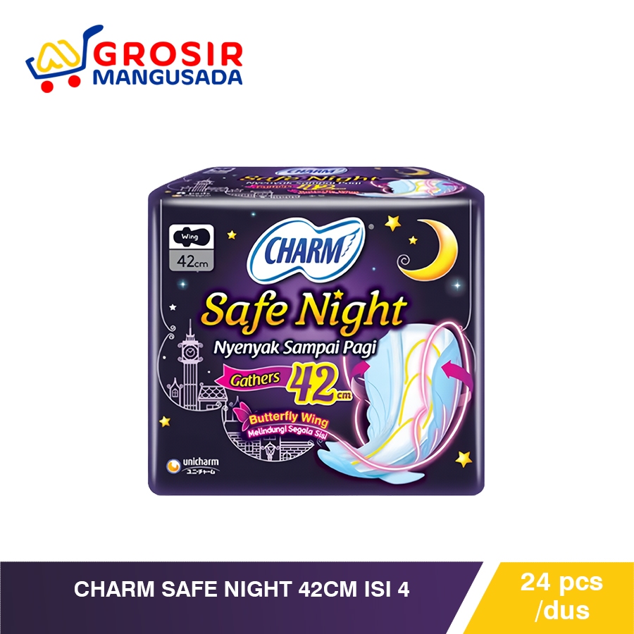 Charm Pembalut Safe Night 42cm isi 4 Harga Grosir Pasti Hemat Kemasan 24pcs