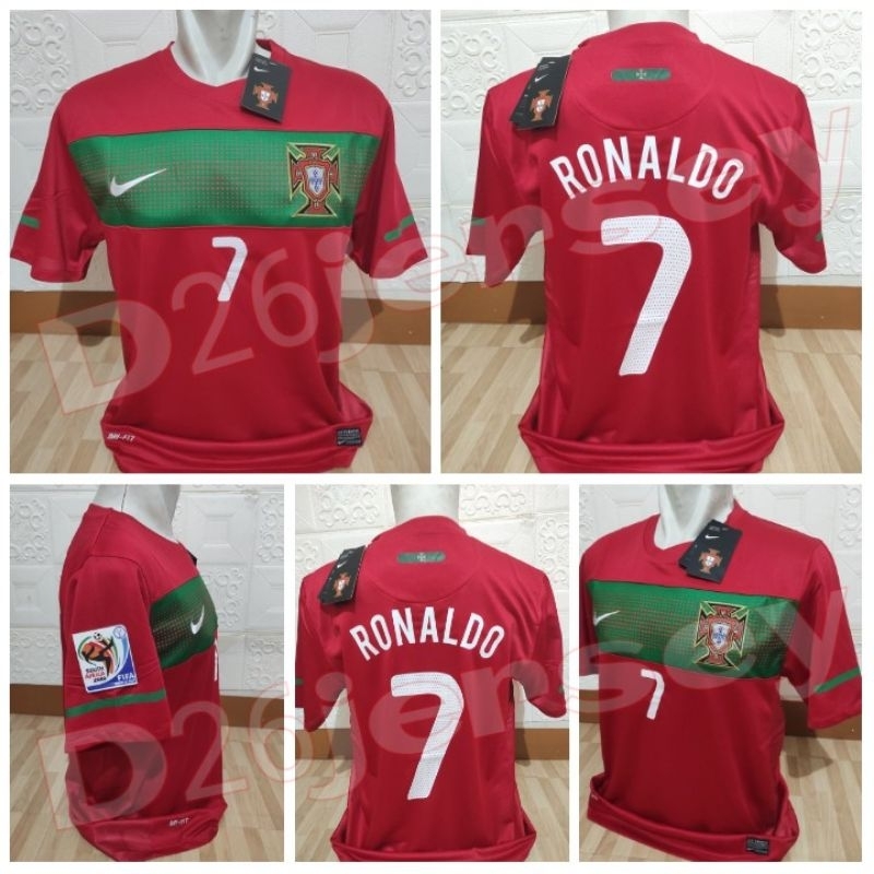 Jersey RETRO Portugal Home 2010 + Cetak Nama Nomor Nameset RONALDO 7 / Custom + Patch World Cup 2010