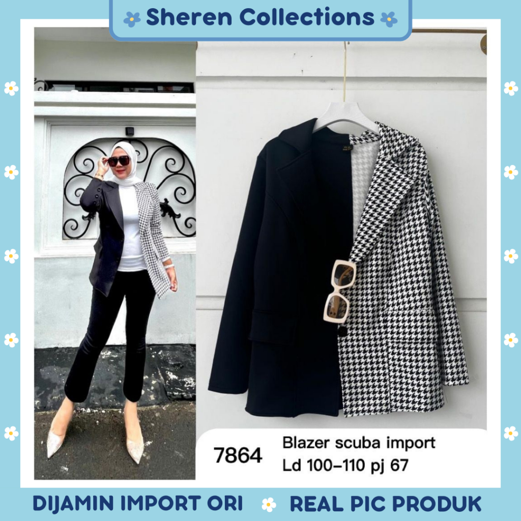 Blazer Wanita Motif Mix Hitam Scuba Premium Import 7864