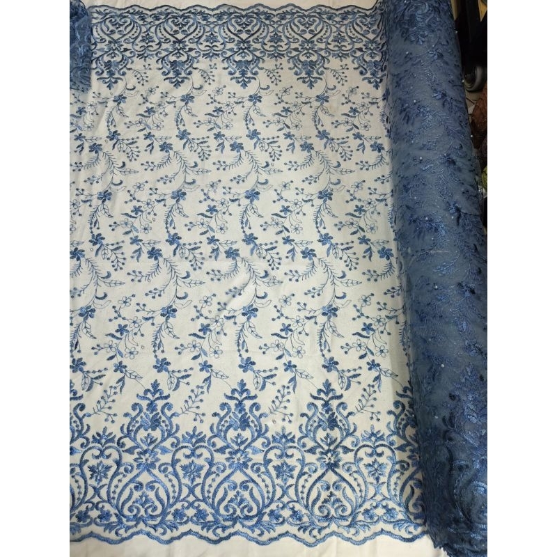 Termurah !!! Kain Tile Pinggiran Mutiara Bordir Atas Bawah / Tile Akar Bahan kebaya/ Harga 0,5m