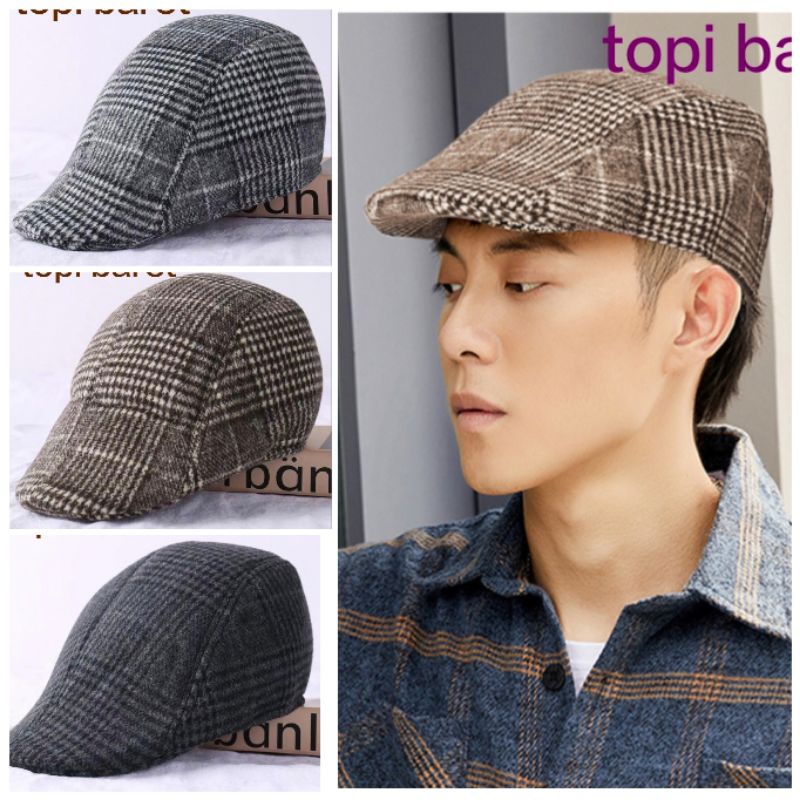 topi baret pria wanita motif kotak-impor