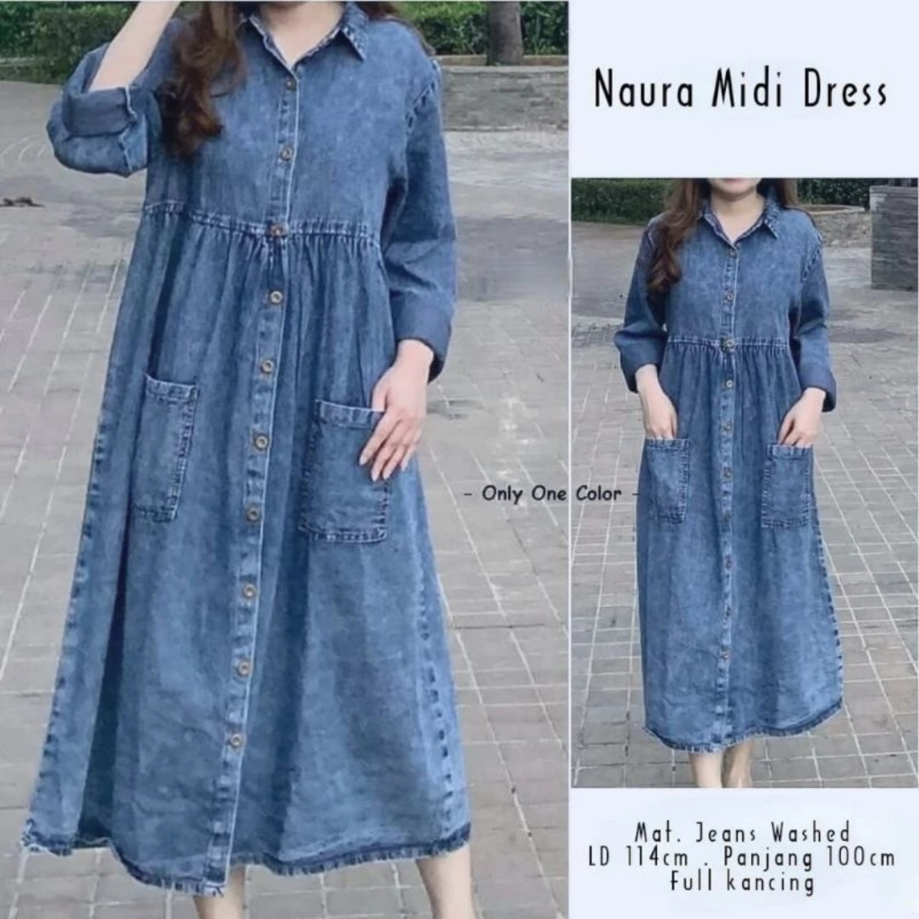 Naura Midi Bahan Jeans Wash LD 114 Full Kancing OOTD Kekinian