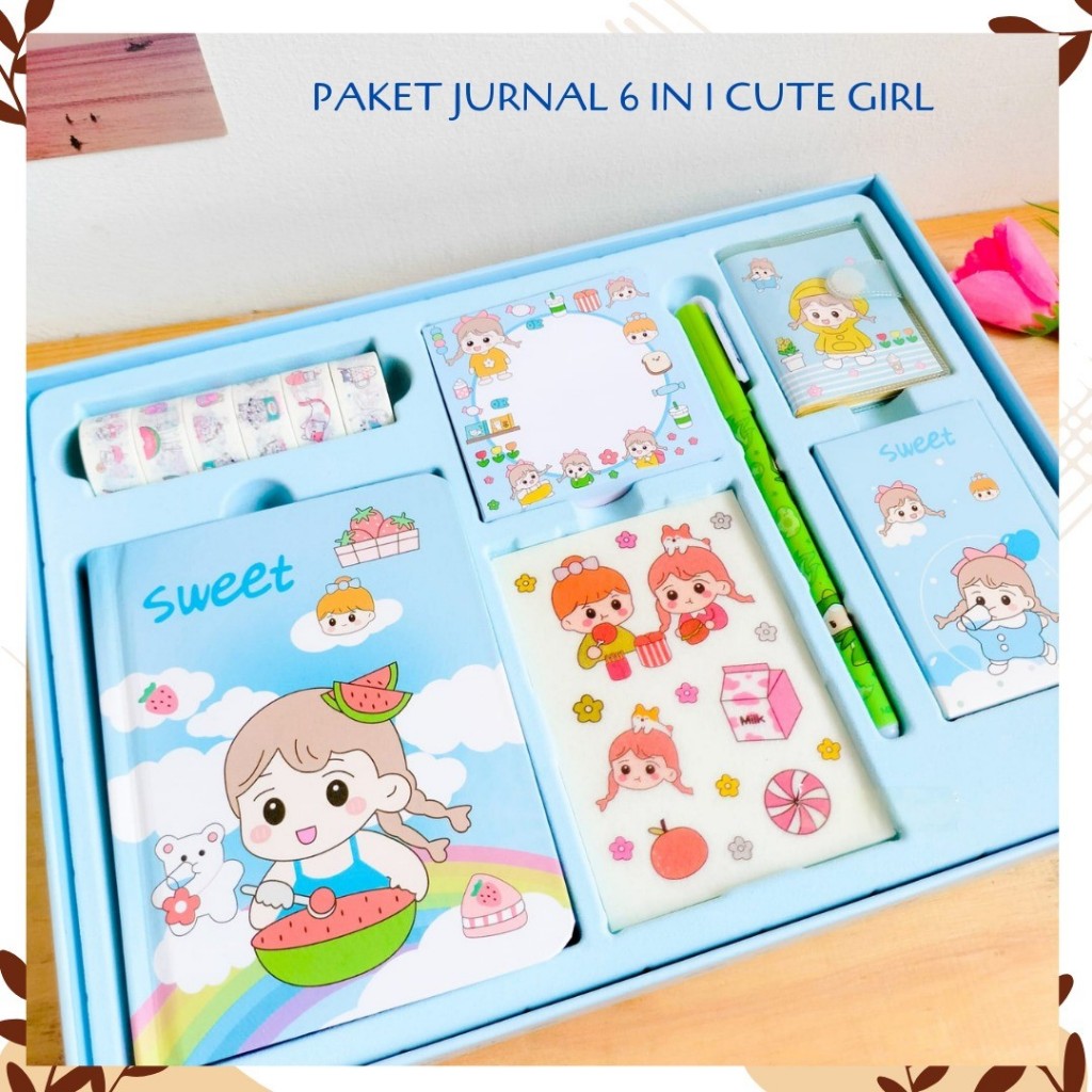 

PAKET JURNAL 6 IN 1 CUTE GIRL alat tulis buku kaca solatip notepad note pad sticky notes pulpen kertas bintang buku kecil lucu