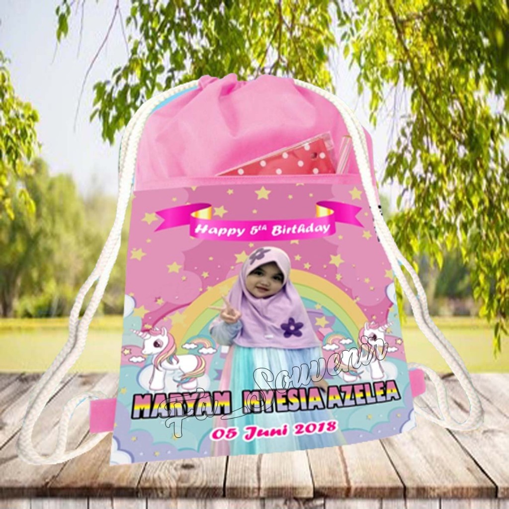 

Tas ulang tahun , Tas Ransel serut Dua kantong Trendy Custom Nama + Foto , Tas Ulang Tahun Bingkisan Snack