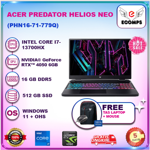 Acer Predator Helios Neo 16 Core i5 13500Hx Rtx4050 6Gb Ram 8Gb 512Gb Ssd W11+OHS 16.0 Inch Wuxga 165Hz Srgb100 4Zrgb 3Y+Adp -71.55MQ