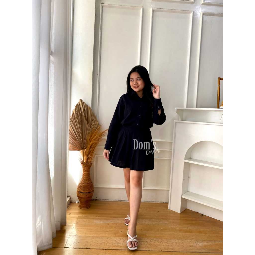 Domscorner - Ju woon set - pleats skirt - rok tennis - long sleeve shirt - buttoned shirt - kemeja l