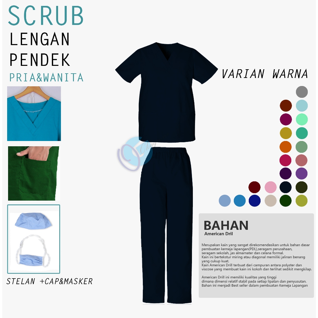 Baju Jaga Ok Oka Scrubs Lengan Pendek Cewek/Cowok Warna Biru Dongker/Navy / Pakaian Seragam Dinas Me