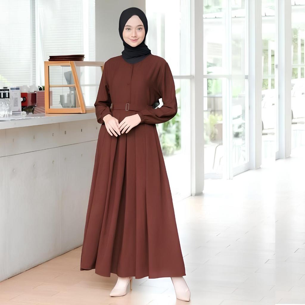 Gamis Hitam Polos Free Belt Dress Remaja Kekinian Maxi Busui Syar'i Daily-Dark Brown
