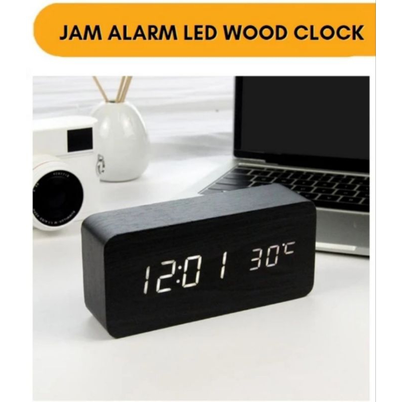 Jam Kayu Meja Kerja Clock Wood Box Jam Kayu Digital LED ALARM TEMPERATUR SUHU KALENDER Jam Meja Dind