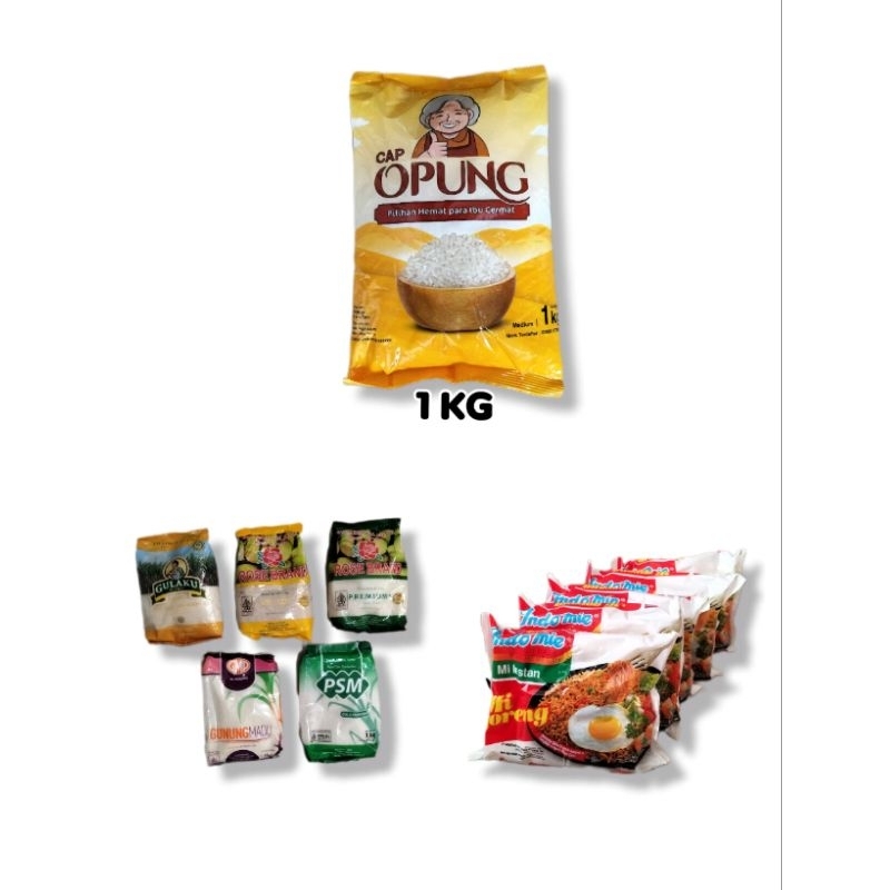 

Paket sembako beras opung 1kg, gula 1 kg, 5 pcs mie instant