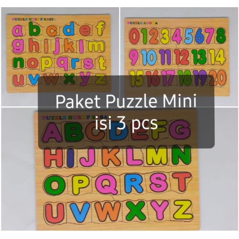 Paket Puzzle Mini isi 3 Pcs Huruf Besar Huruf kecil Angka - Mainan Edukasi Kayu Murah