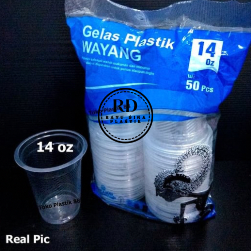 Gelas Plastik Bening / Plastic Cup / Gelas Kopi Merk Wayang Ukuran 14 Oz (Isi 50 pcs)