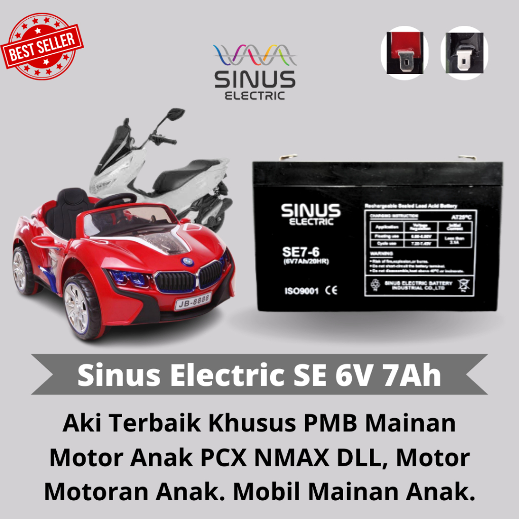 aki baterai vrla 6V7AH Aki mobil mainan PMB Sinus electric 7-6 berkualitas