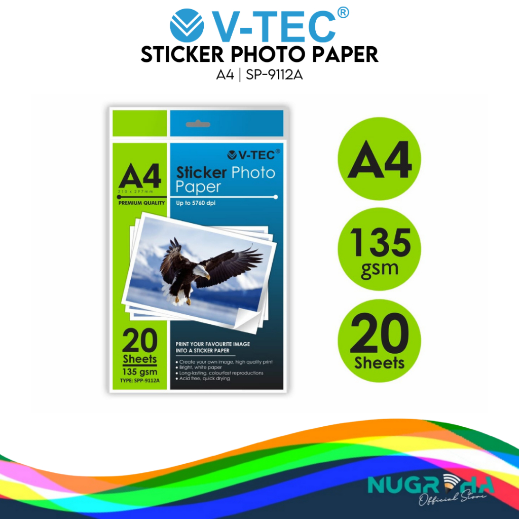 

KERTAS STIKER STICKER PHOTO PAPER GLOSSY A4 V-TEC SP9112A