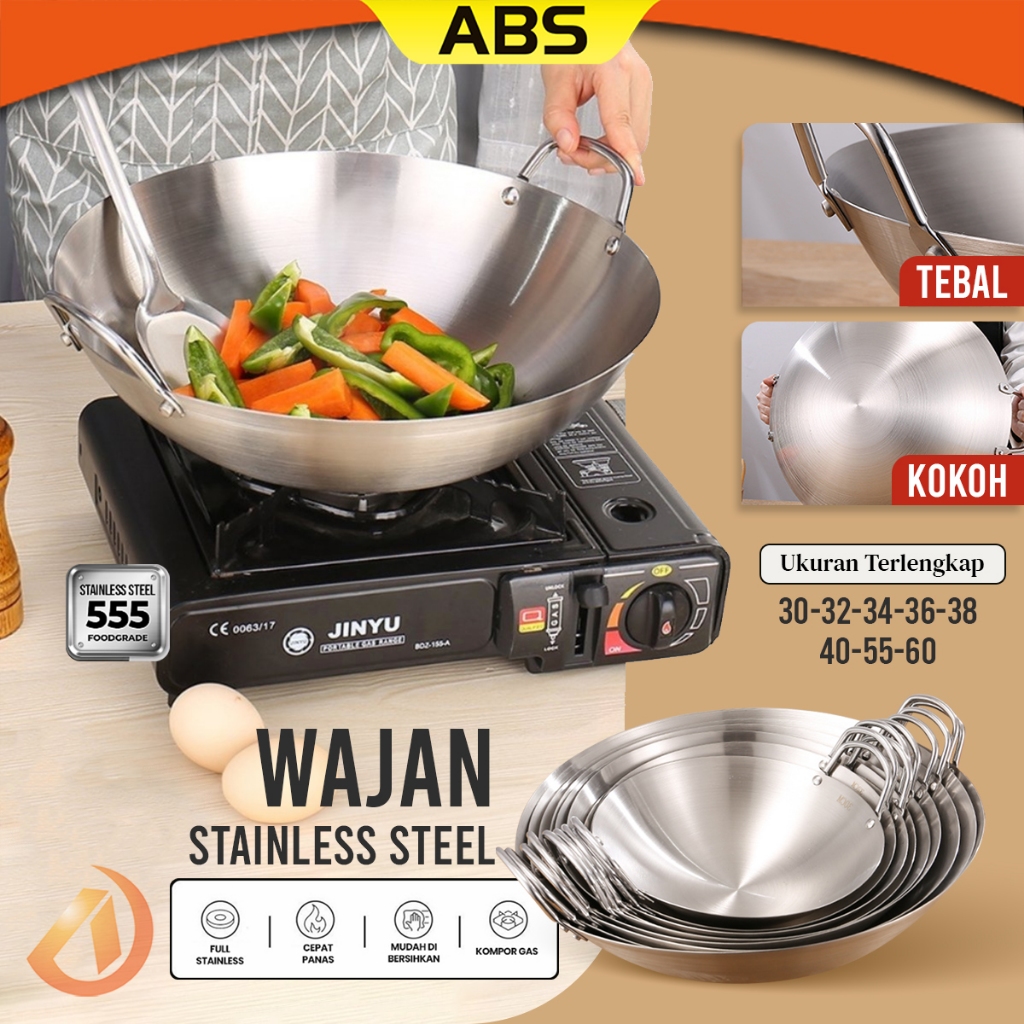 ABS Wajan Stainless 555 Tebal Mempunyai 9 Ukuran dengan Pegangan stainless | Wajan Stainless 555 Teb