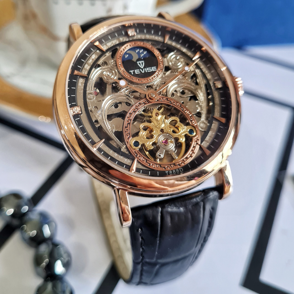 TEVISE Blast Gold Black Jam Tangan Pria Original Automatic Otomatis Mechanical Mekanik Skeleton Tour