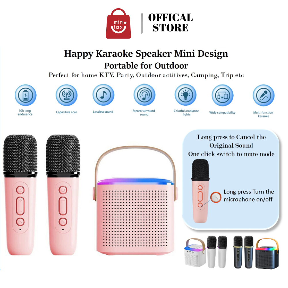	 2 Mic Speaker karaoke bluetooth mini ori full bass RGB portable wireless (Dapat terhubung ke HP/TV) - Garansi 1 tahun	