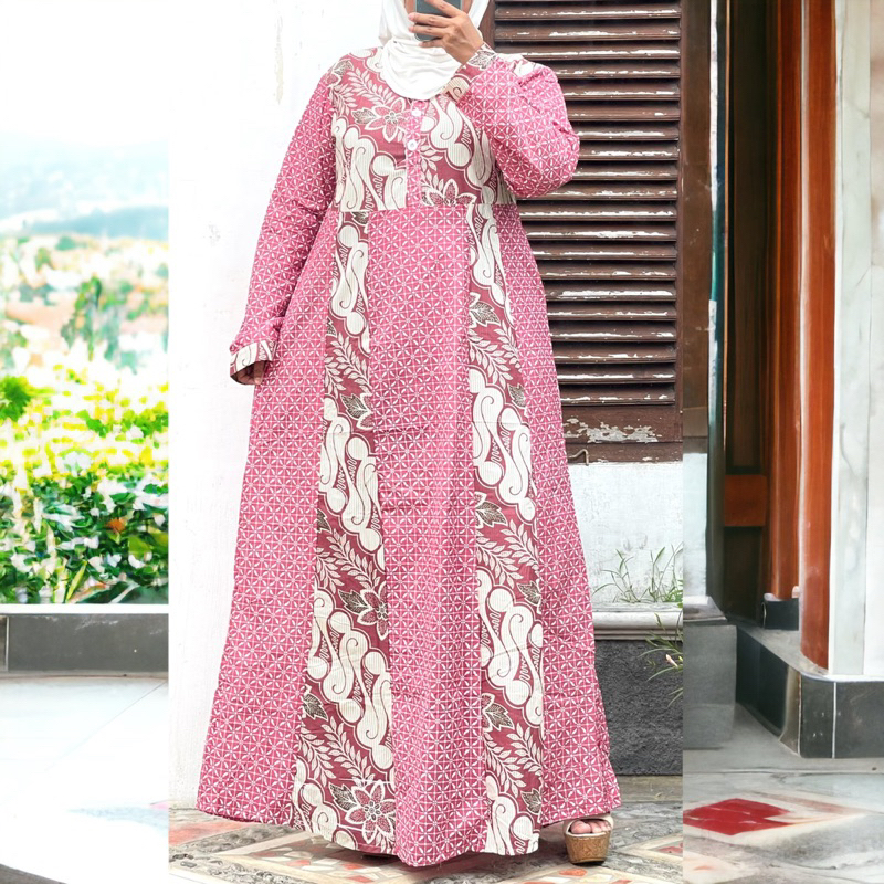Gamis Batik Kombinasi Katun Motif Terbaru - Dress Panjang Muslimah untuk Kondangan Acara Formal | Ab
