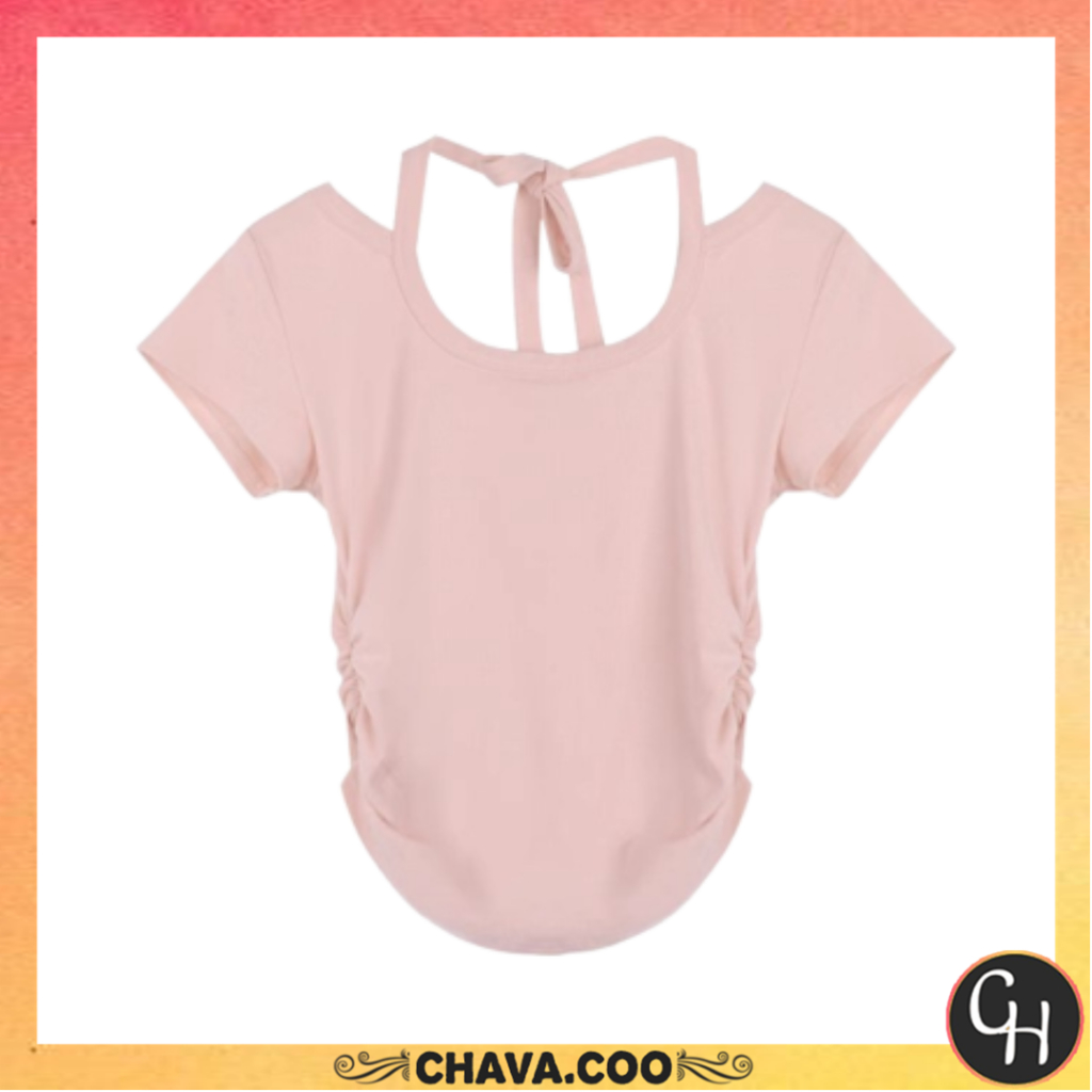 CHAVA | BJ1413 Baju Atasan Kaos Spandek Korean Wanita Sexy Lengan Pendek Leher Tali Leher Fashion