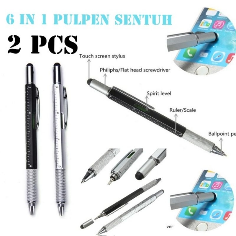 

6 In 1 Pul Pen Multifungsi Plastik Stylus Penggaris Waterpass Obeng Sentuh 2Pcs