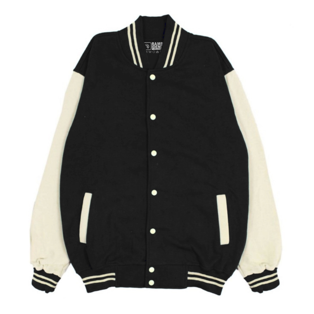Rambidend - Jaket Varsity Distro Polos Keren Hitam Cream Unisex Dewasa