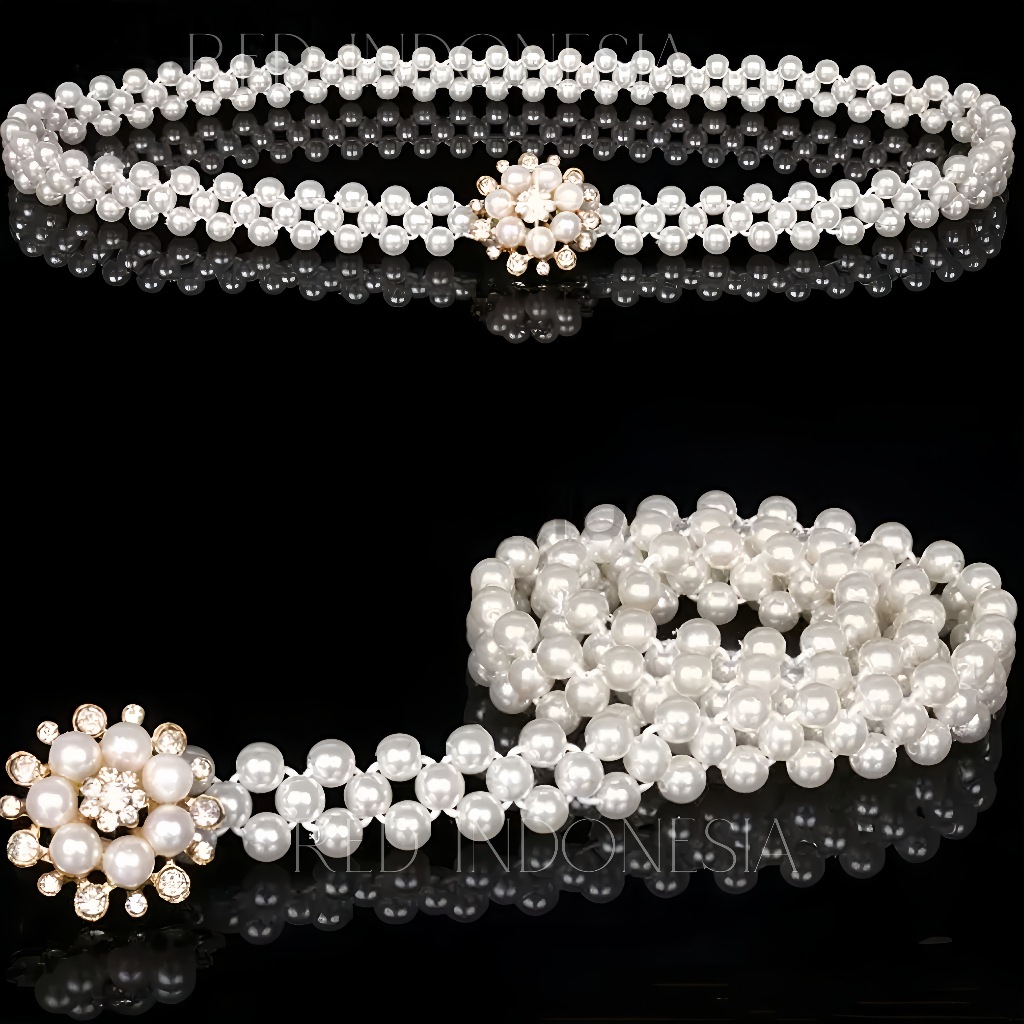 RED Ikat Pinggang Wanita/Belt Full Mutiara Korean Fashion/Gesper Mutiara/Sabuk Women Pearl