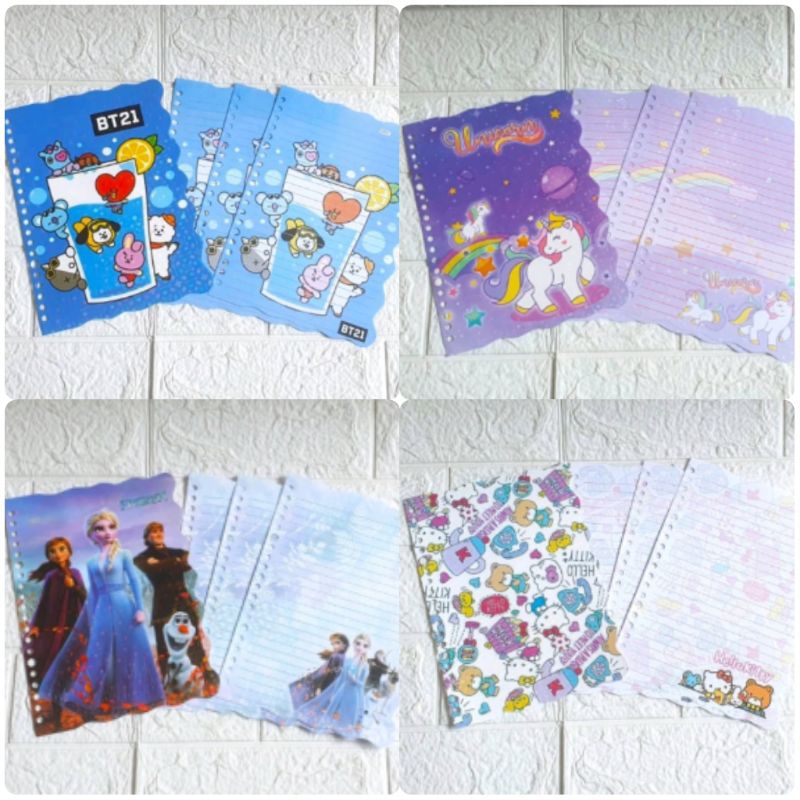 Isi kertas file binder note Sanrio, BT21, little pony, frozen, hello kitty, barbie, princess / Isi k
